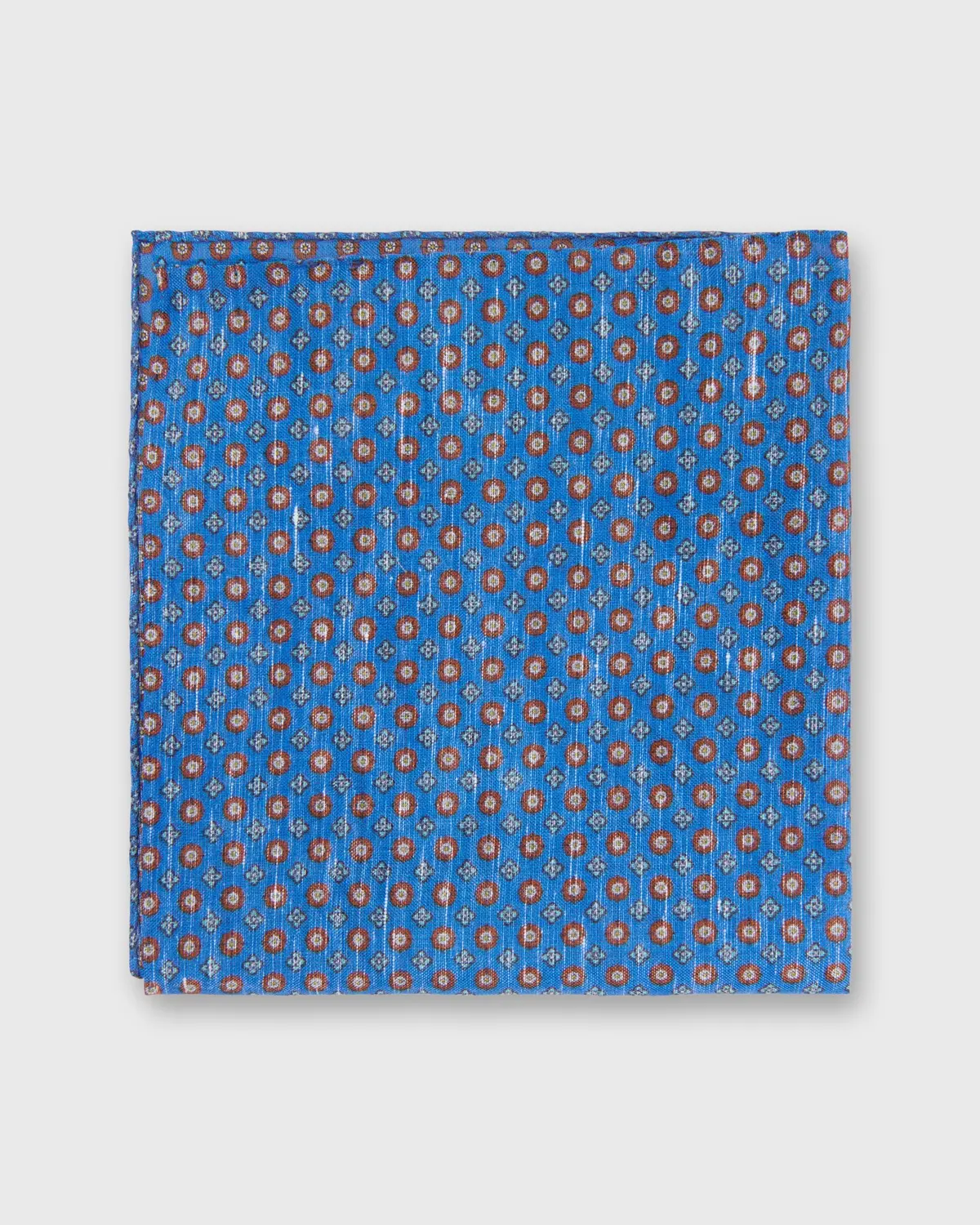 Linen/Cotton Print Pocket Square In Dusty Blue/Apricot/Bone Flower 1