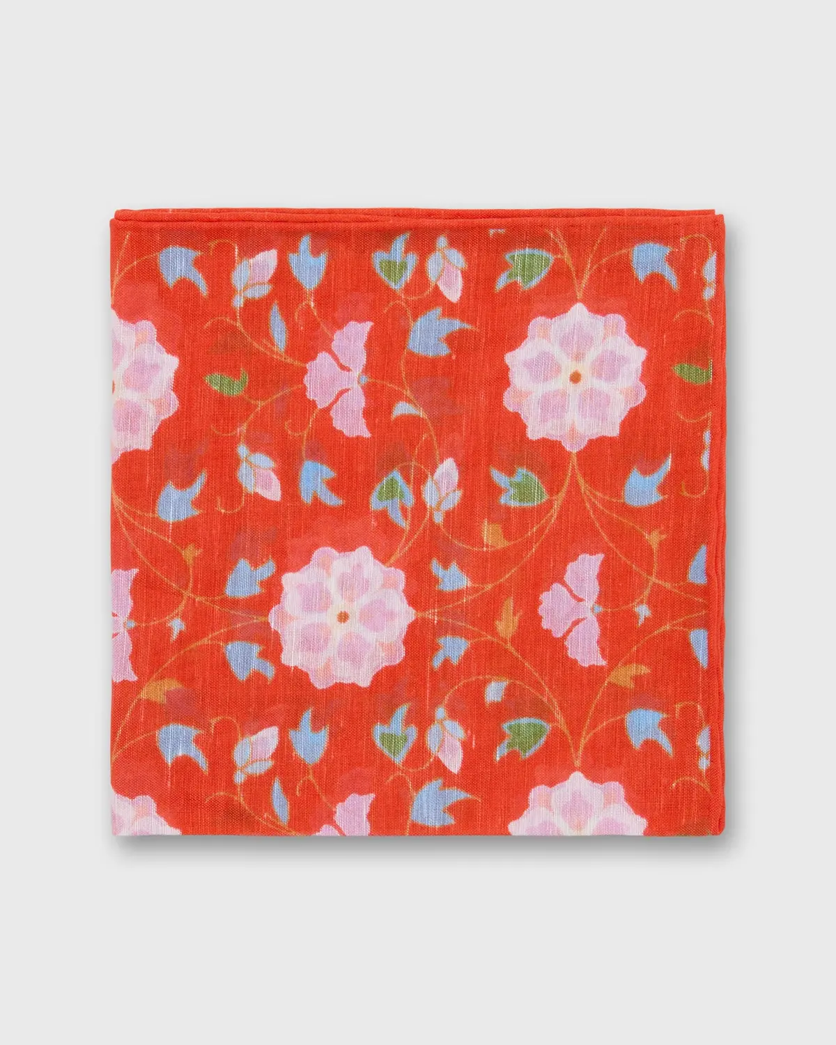 Linen/Cotton Print Pocket Square In Tomato/Pale Pink/Navy Floral 1