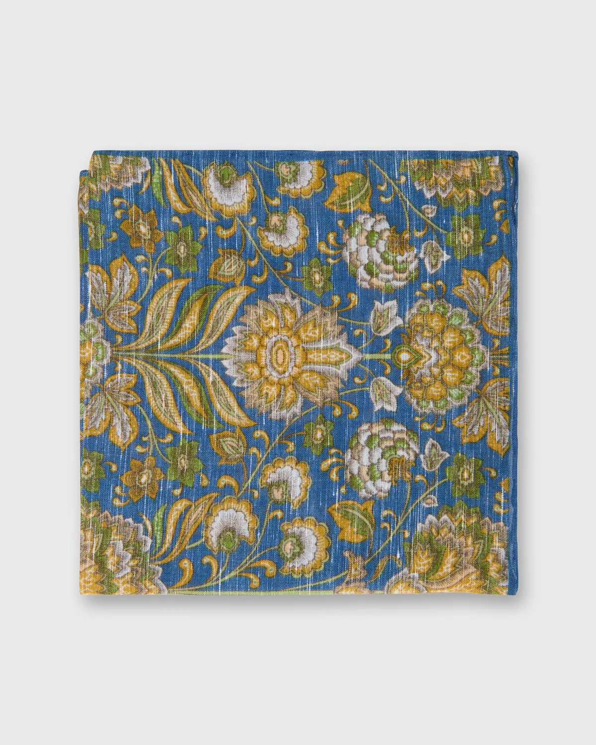 Linen/Cotton Print Pocket Square In Blue/Green/Yellow Floral 1