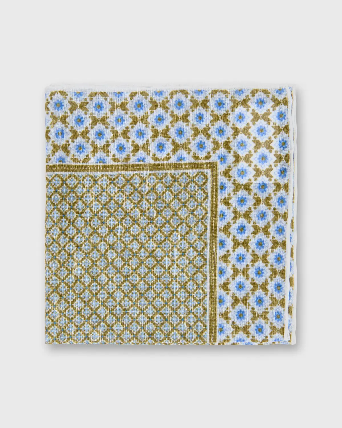 Linen/Cotton Print Pocket Square In Clover/Bone/Blue Mosaic 1