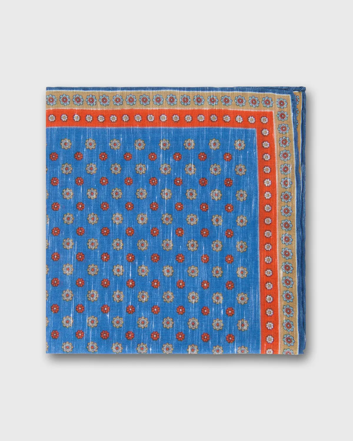 Linen/Cotton Print Pocket Square In Blue/Tomato/Taupe Flower 1