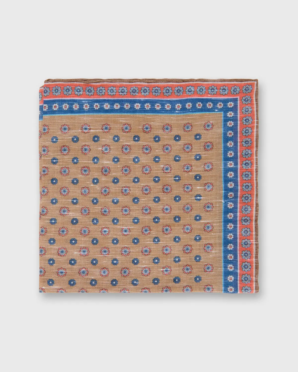 Linen/Cotton Print Pocket Square In Taupe/Blue/Apricot Flower 1
