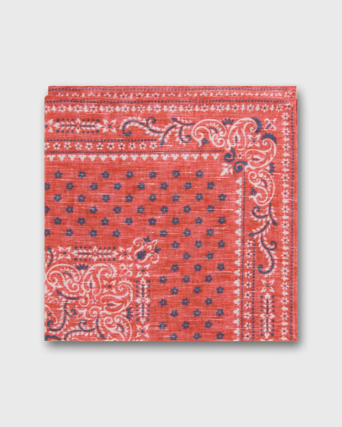 Linen/Cotton Print Pocket Square In Salmon/Navy Flower Paisley 1