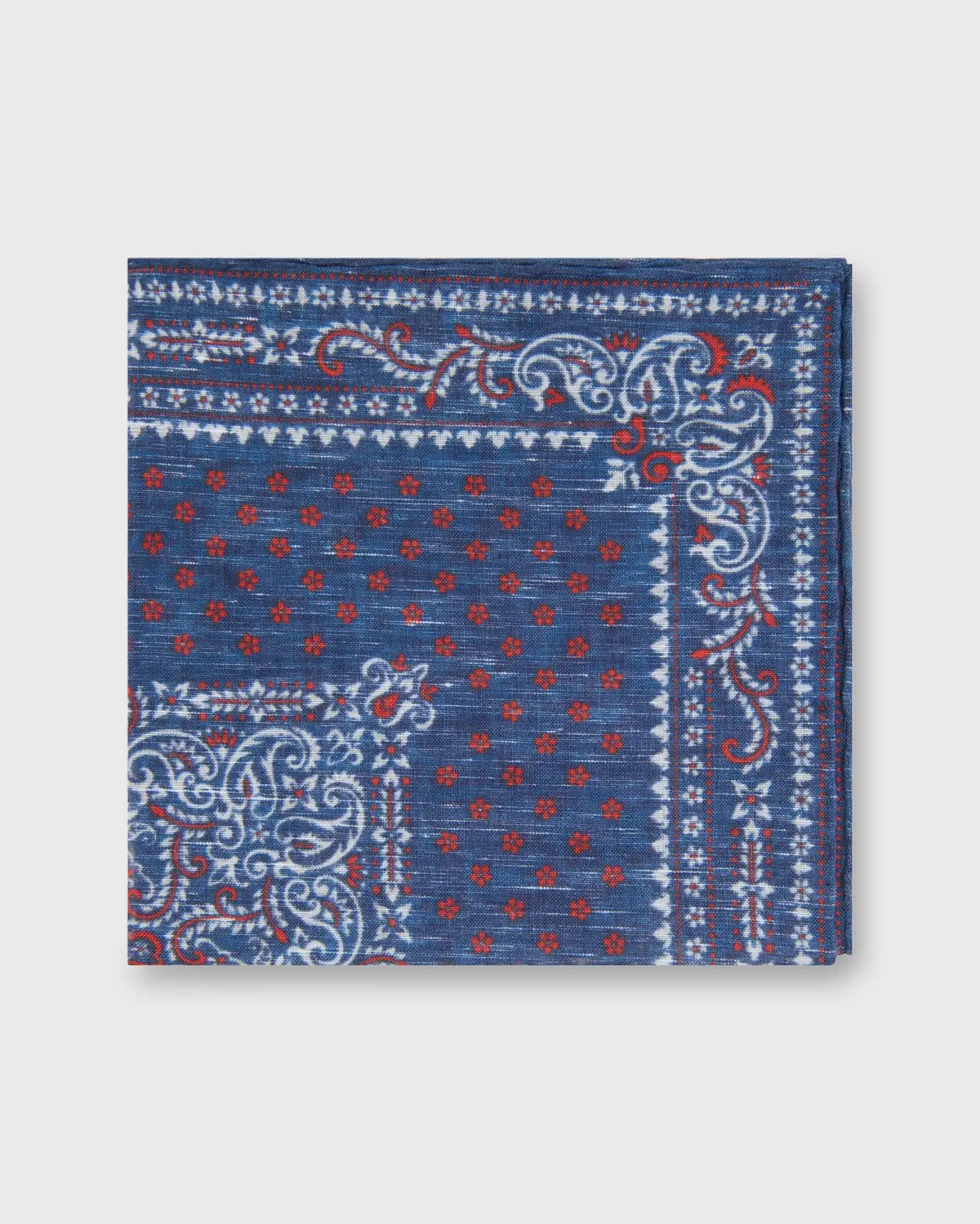 Linen/Cotton Print Pocket Square In Navy/Red Paisley 1