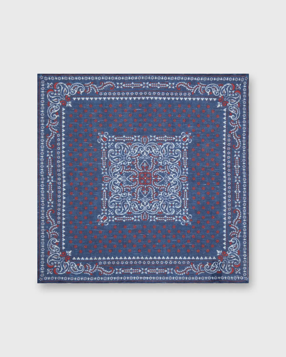 Linen/Cotton Print Pocket Square In Navy/Red Paisley 2