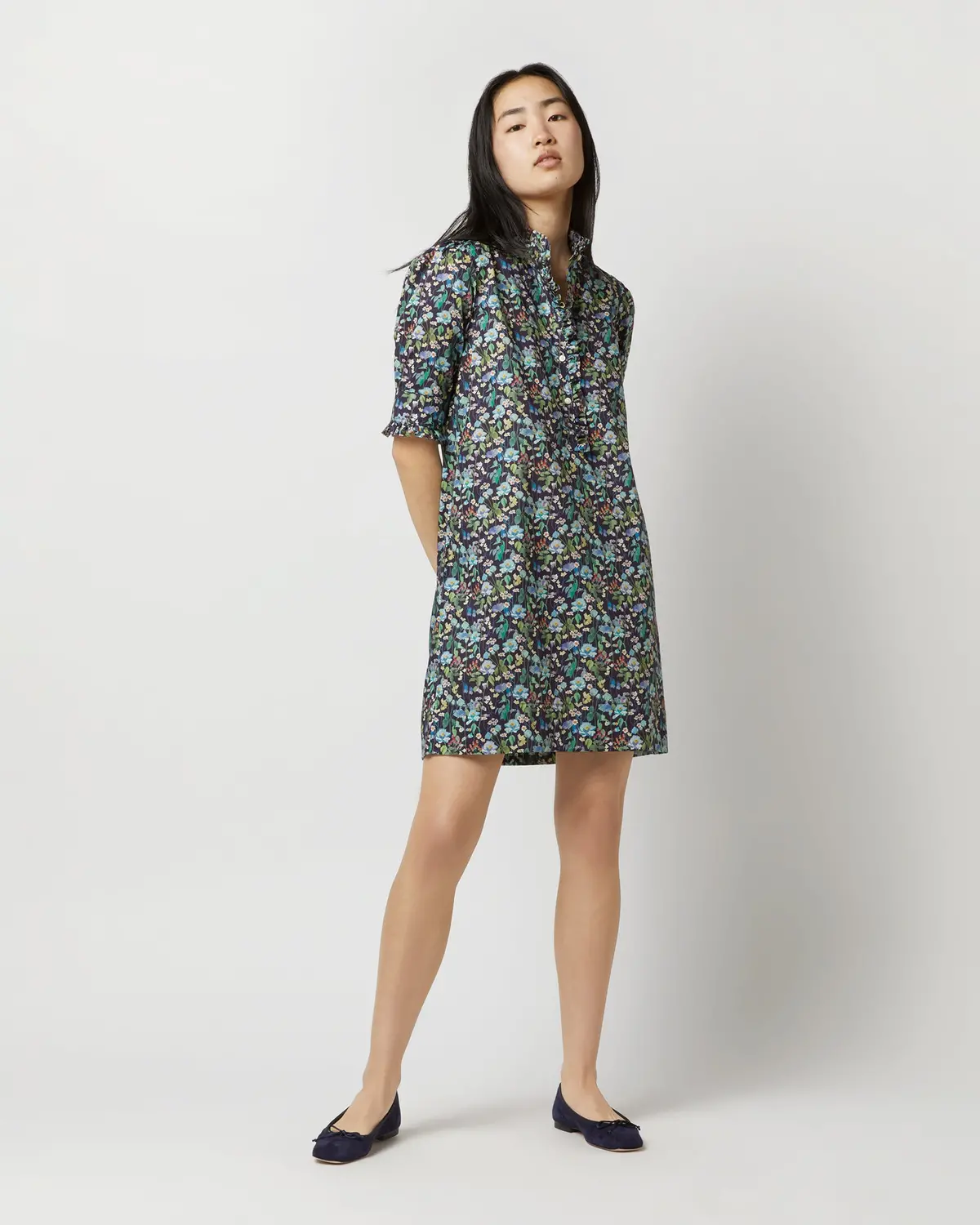 Elbow-Sleeved Frill Dress In Navy/Multi Fairytale Forest Liberty Fabric 1