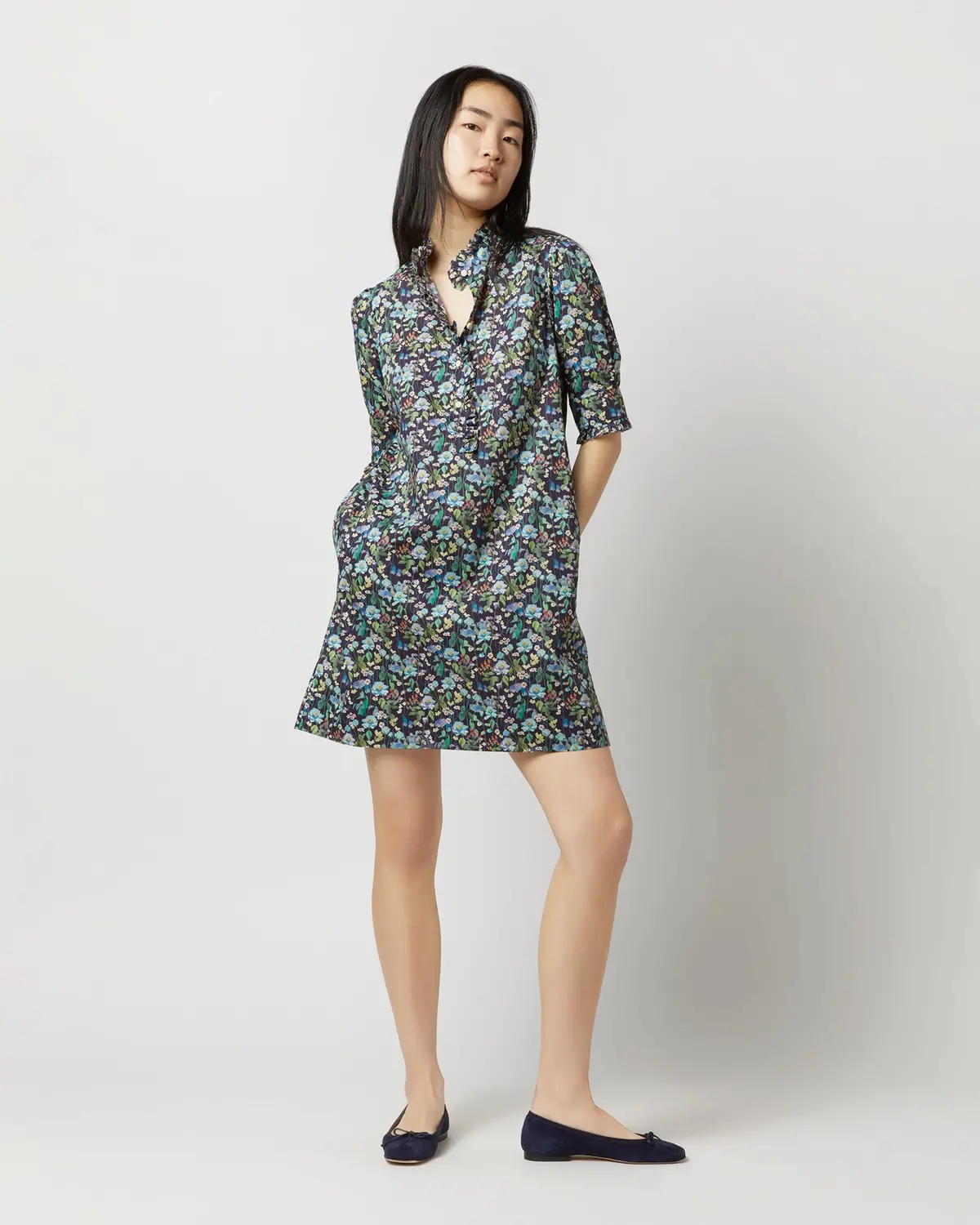 Elbow-Sleeved Frill Dress In Navy/Multi Fairytale Forest Liberty Fabric 3