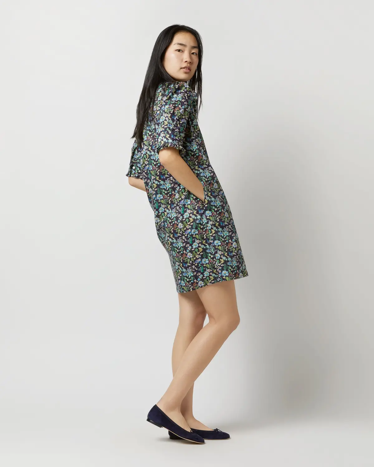 Elbow-Sleeved Frill Dress In Navy/Multi Fairytale Forest Liberty Fabric 4