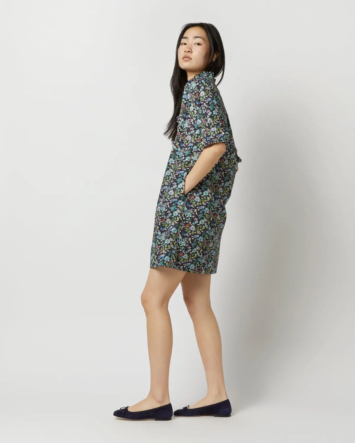 Elbow-Sleeved Frill Dress In Navy/Multi Fairytale Forest Liberty Fabric 5