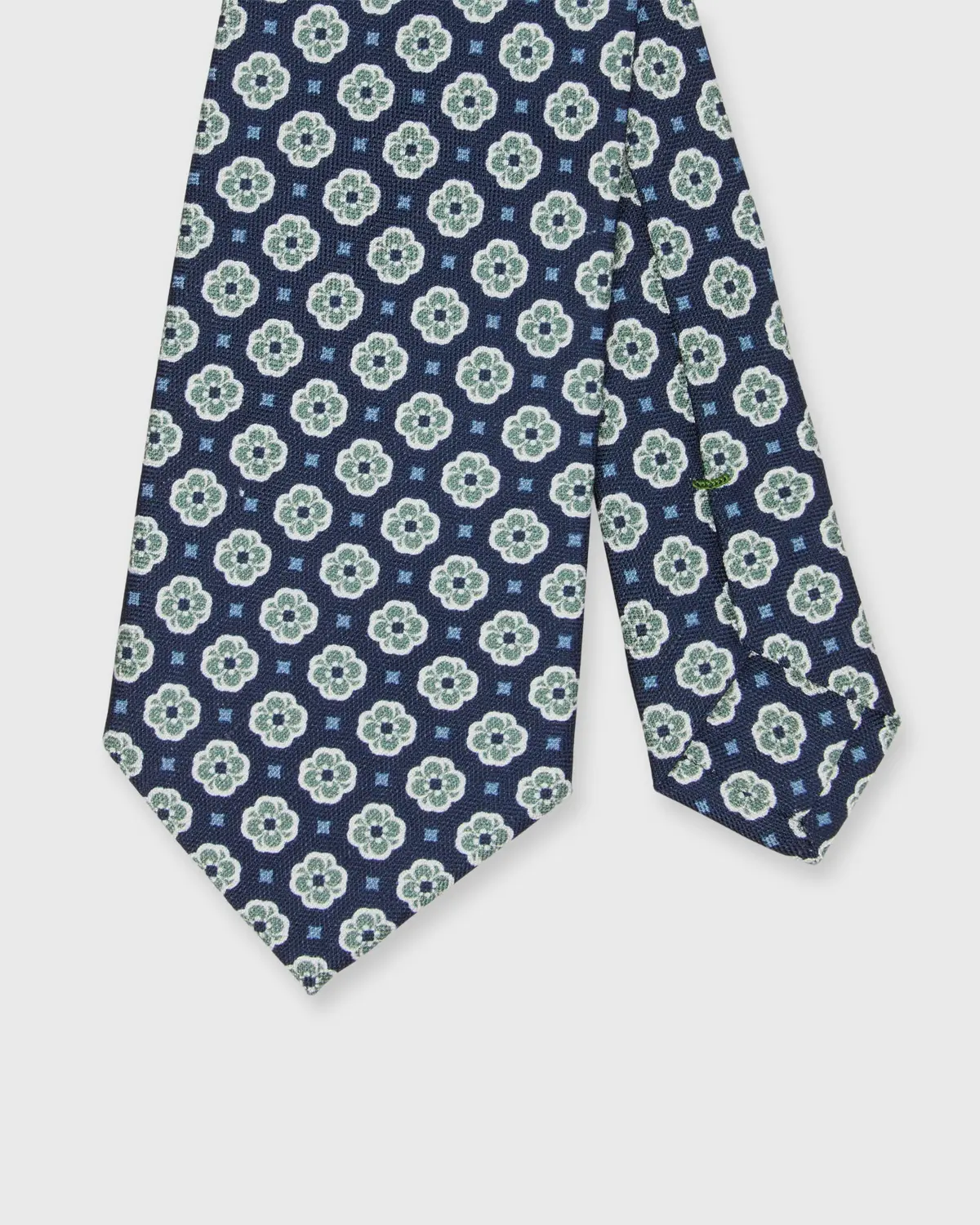 Silk/Linen Print Tie In Navy/Lovat/Bone Foulard 1