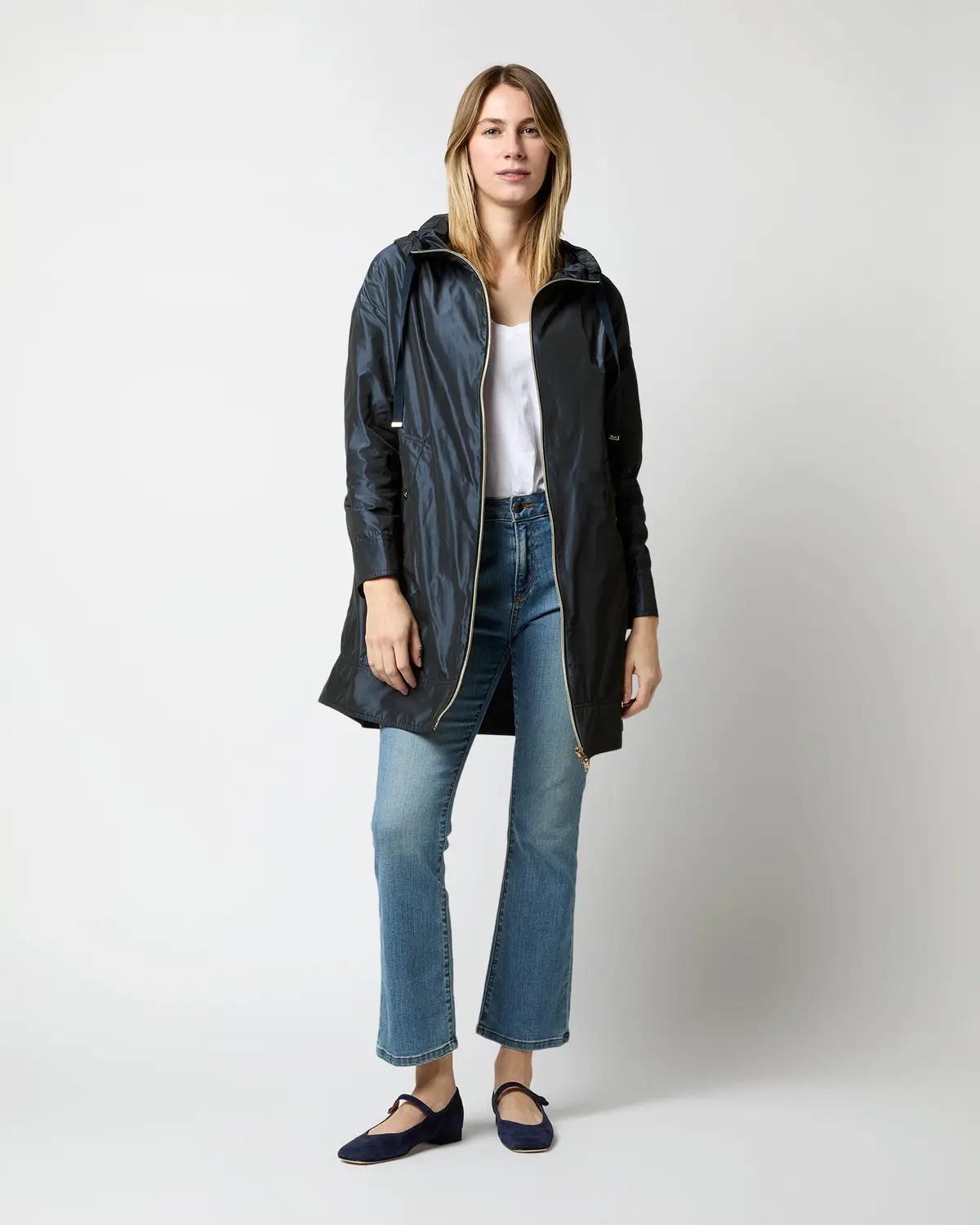 Techno Taffeta A-Line Parka In Navy 1