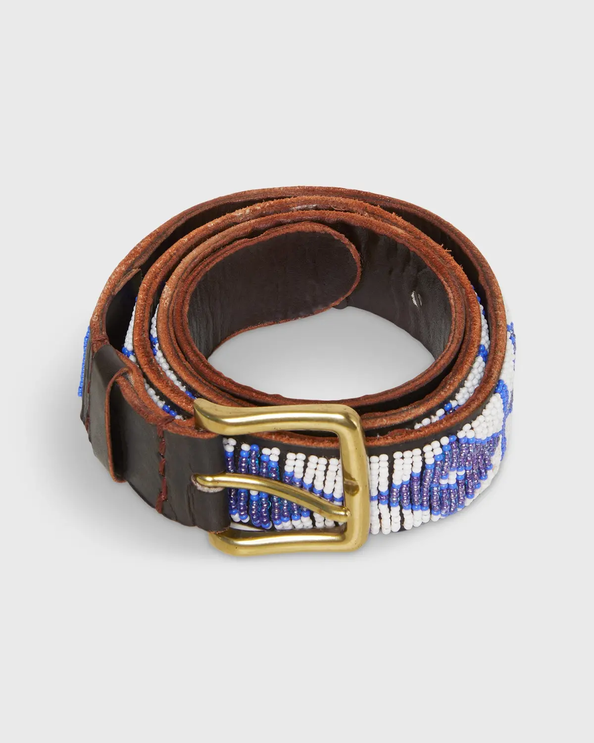 1.25" African Beaded Belt In White/Masai Blue Triangle 1