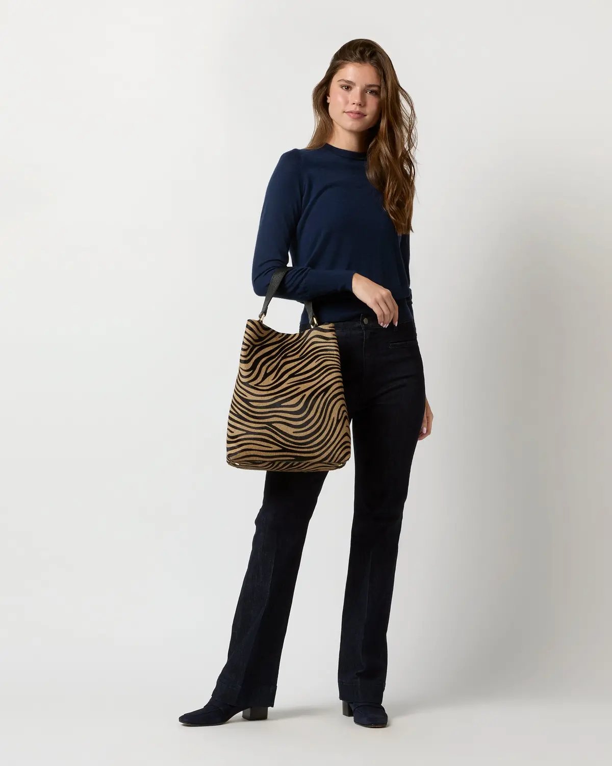 Large Hobo Bag In Beige/Black Zebra Calf Hair 2