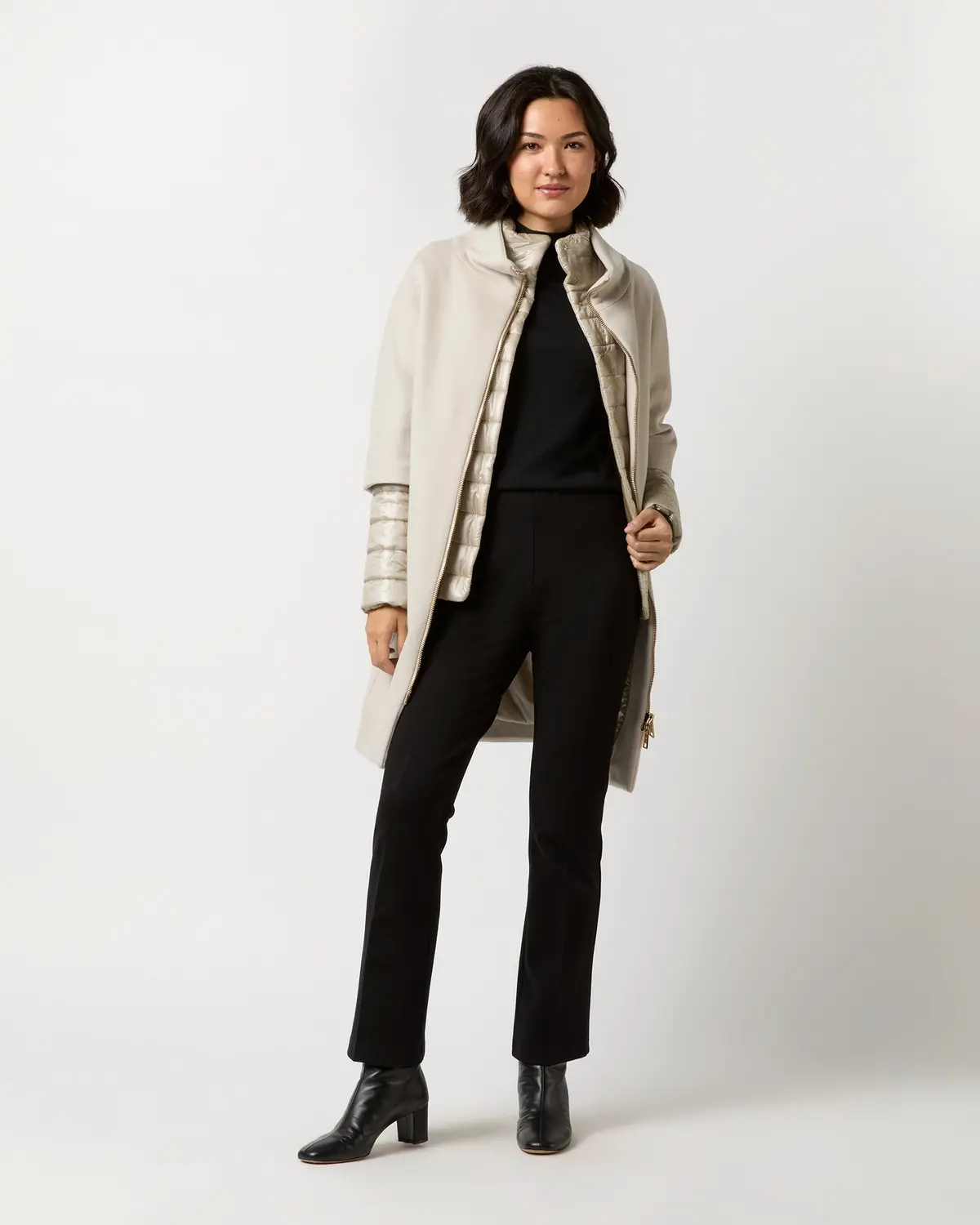 Mixed Media Cocoon Coat In Champagne 1