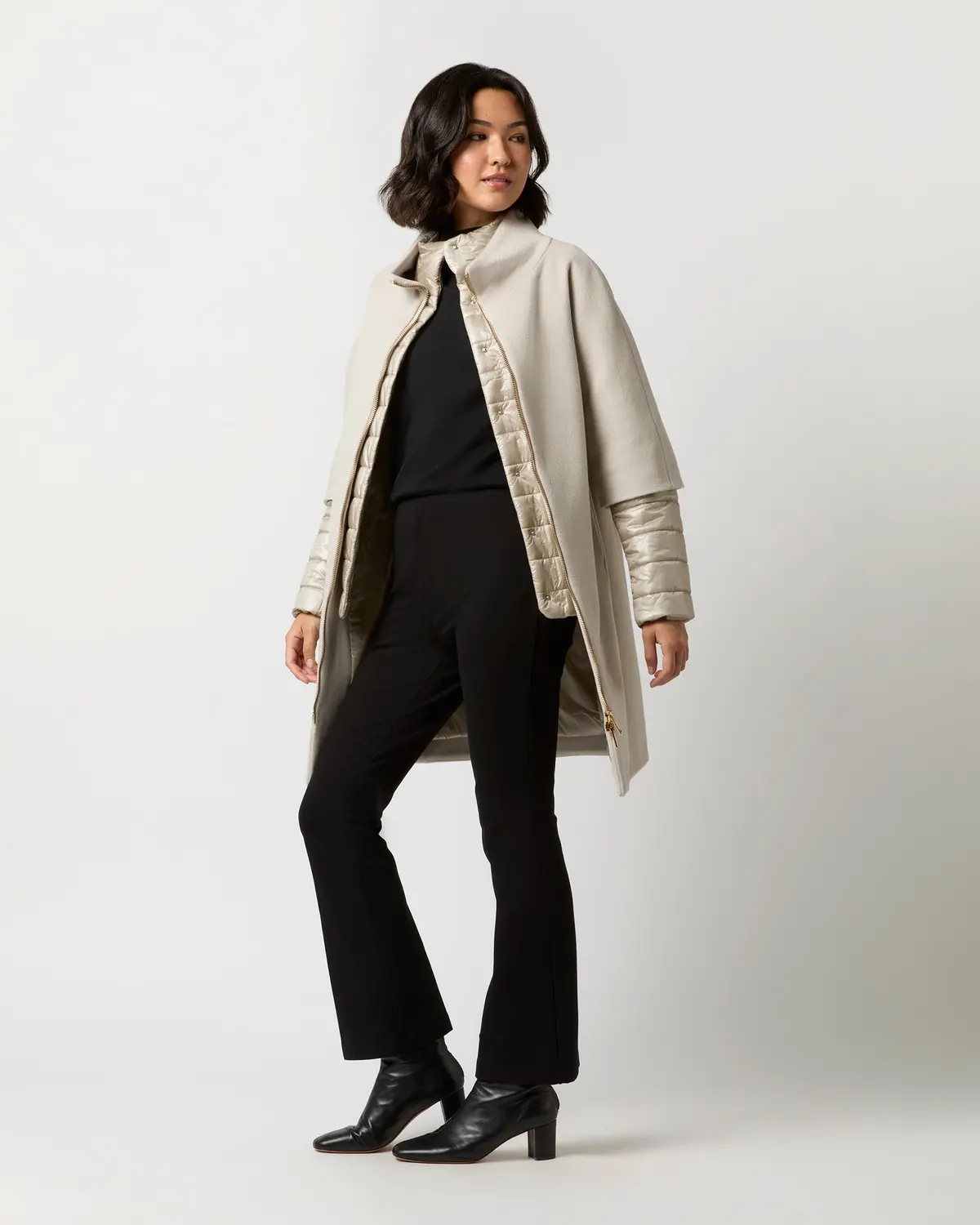 Mixed Media Cocoon Coat In Champagne 3