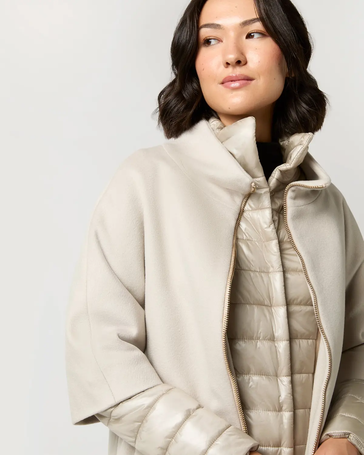 Mixed Media Cocoon Coat In Champagne 2