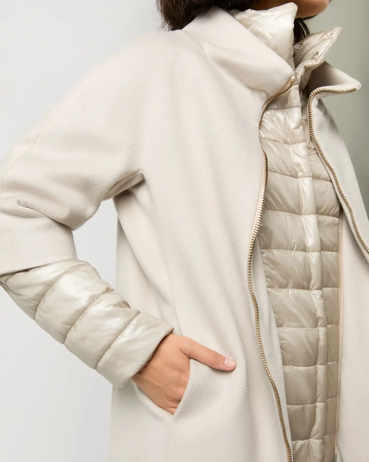 Mixed Media Cocoon Coat In Champagne 5