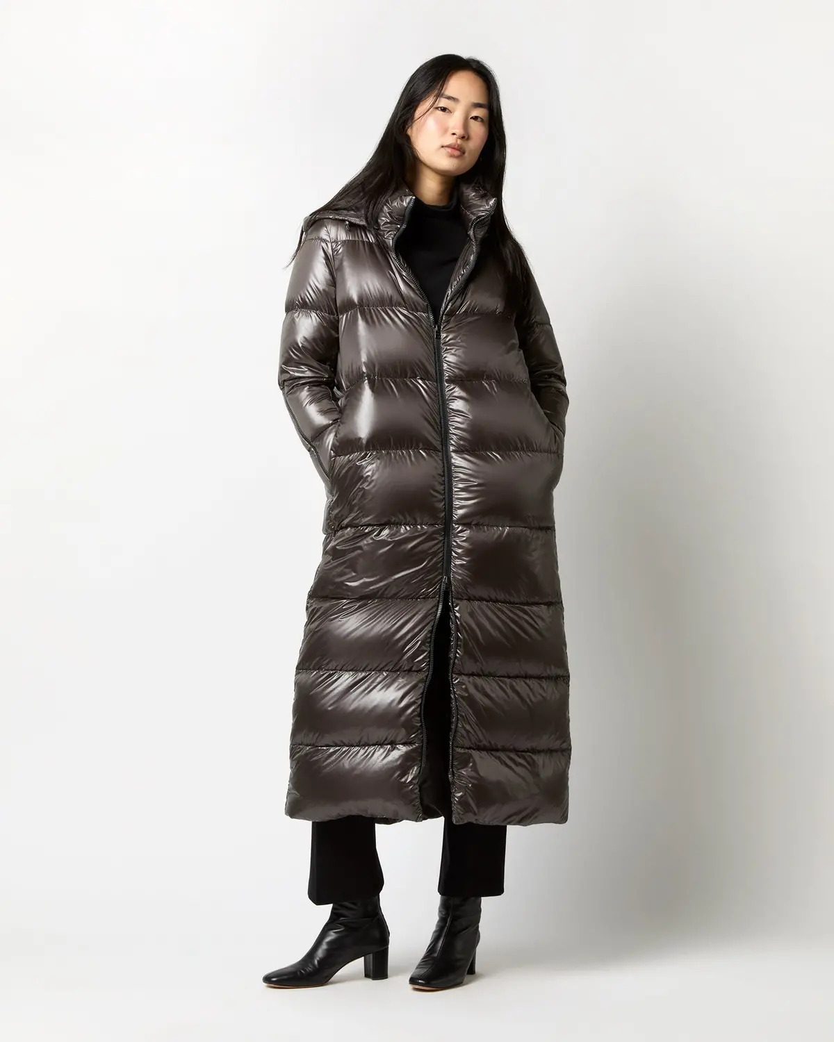 Shiny Nylon Long Coat In Charcoal 1