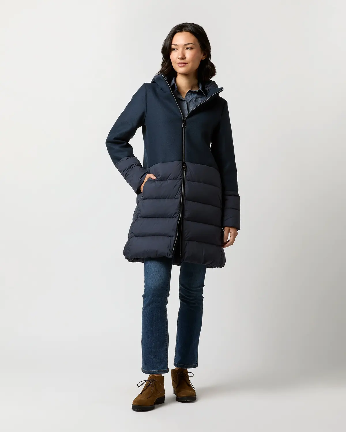 Mixed Media Quilted Coat In Navy 1
