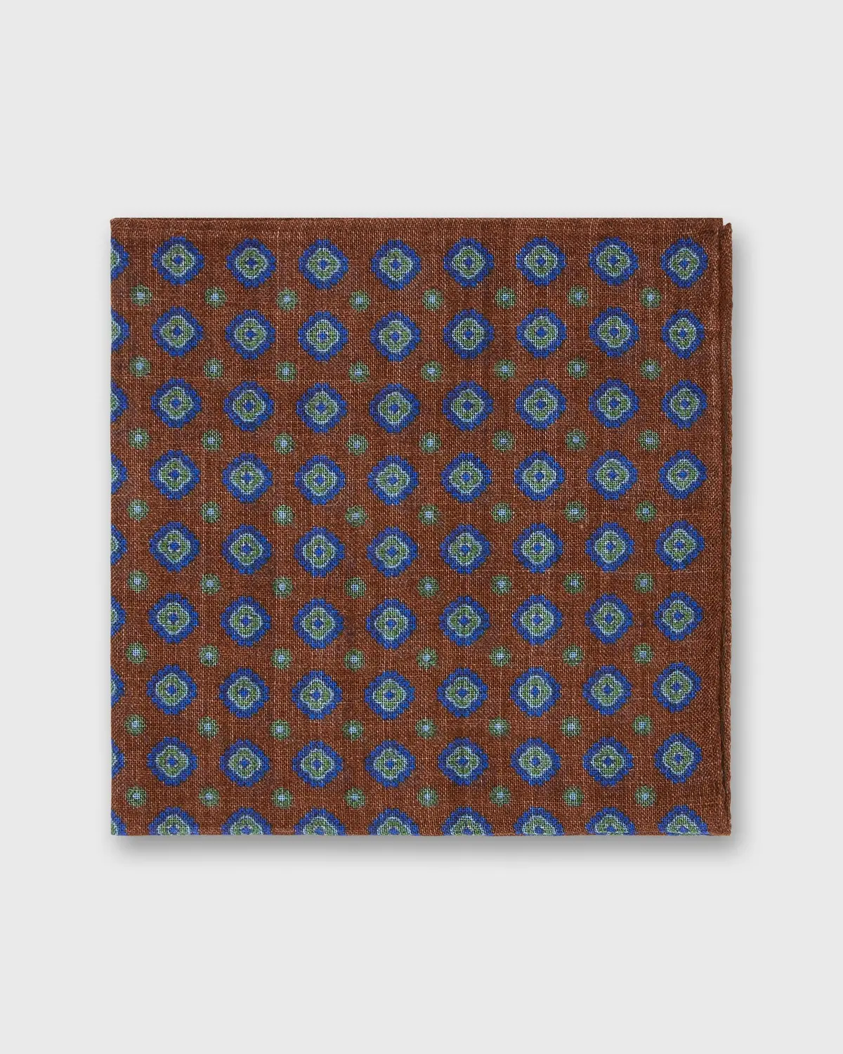 Wool/Silk Pocket Square In Brown/Blue/Green Medallion 1