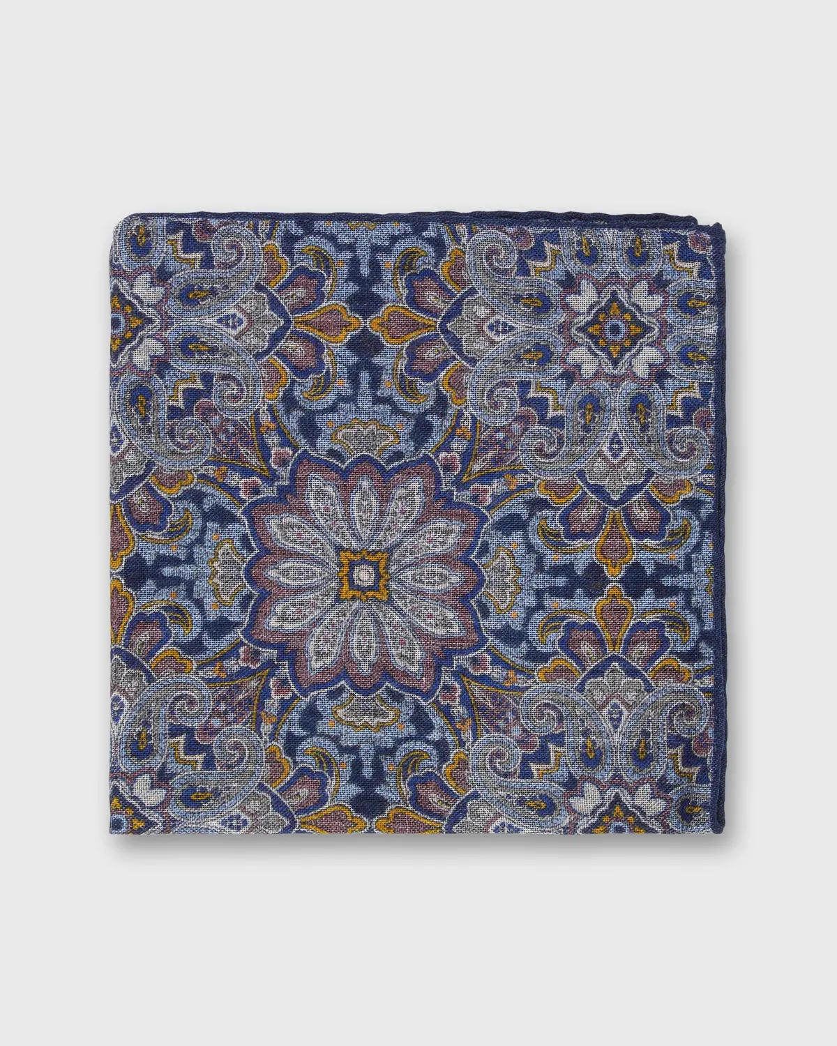 Wool/Silk Pocket Square In Navy/Dusty Rose/Yellow Mosaic 1