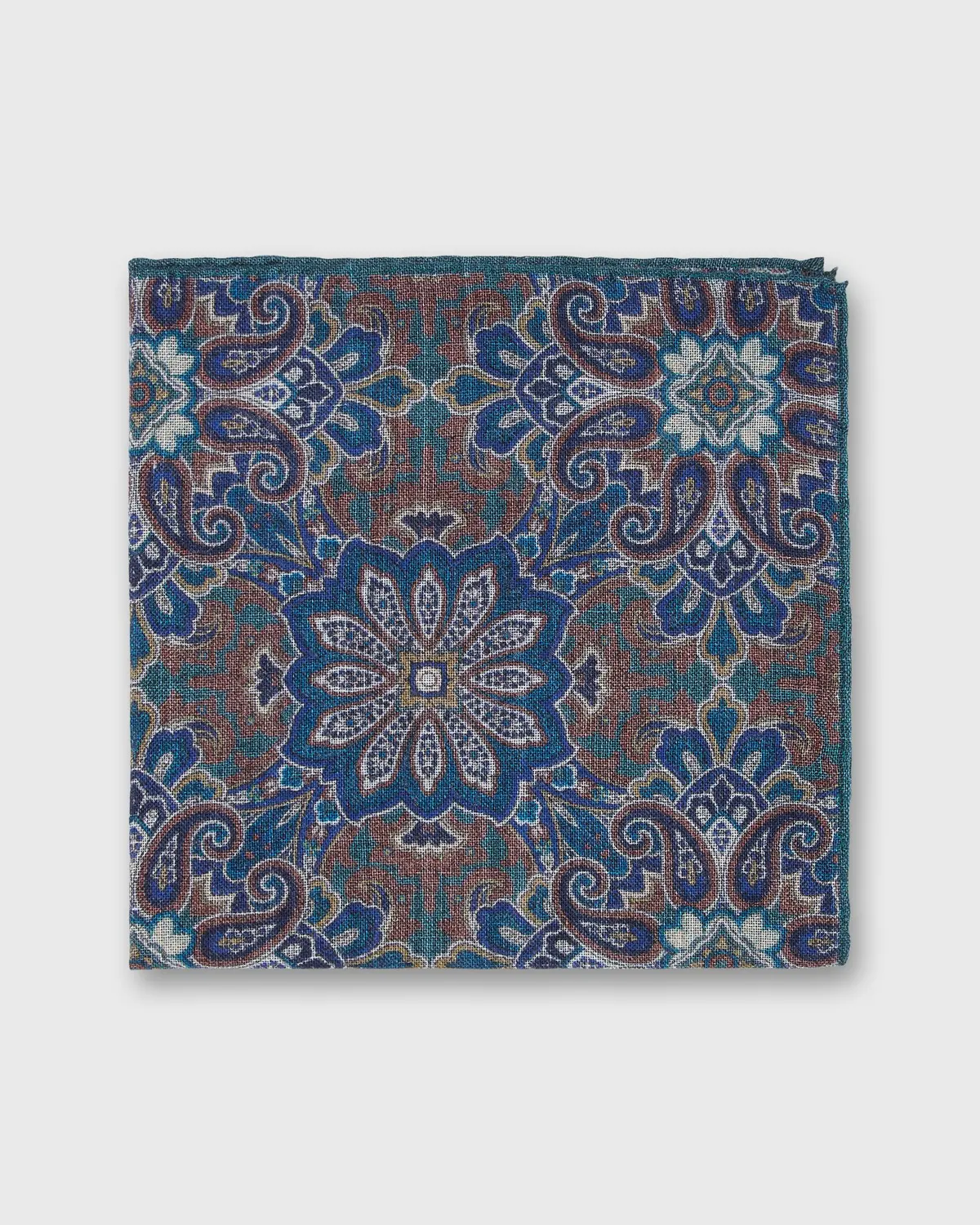 Wool/Silk Pocket Square In Lovat/Blue/Dusty Rose Mosaic 1