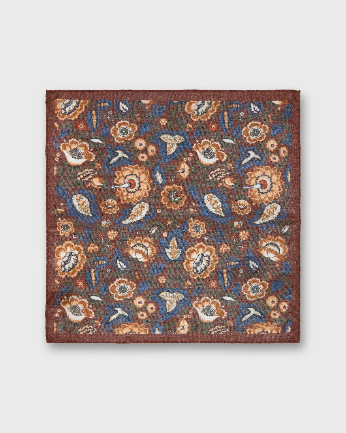 Wool/Silk Pocket Square In Rust/Gold/Blue Floral 2