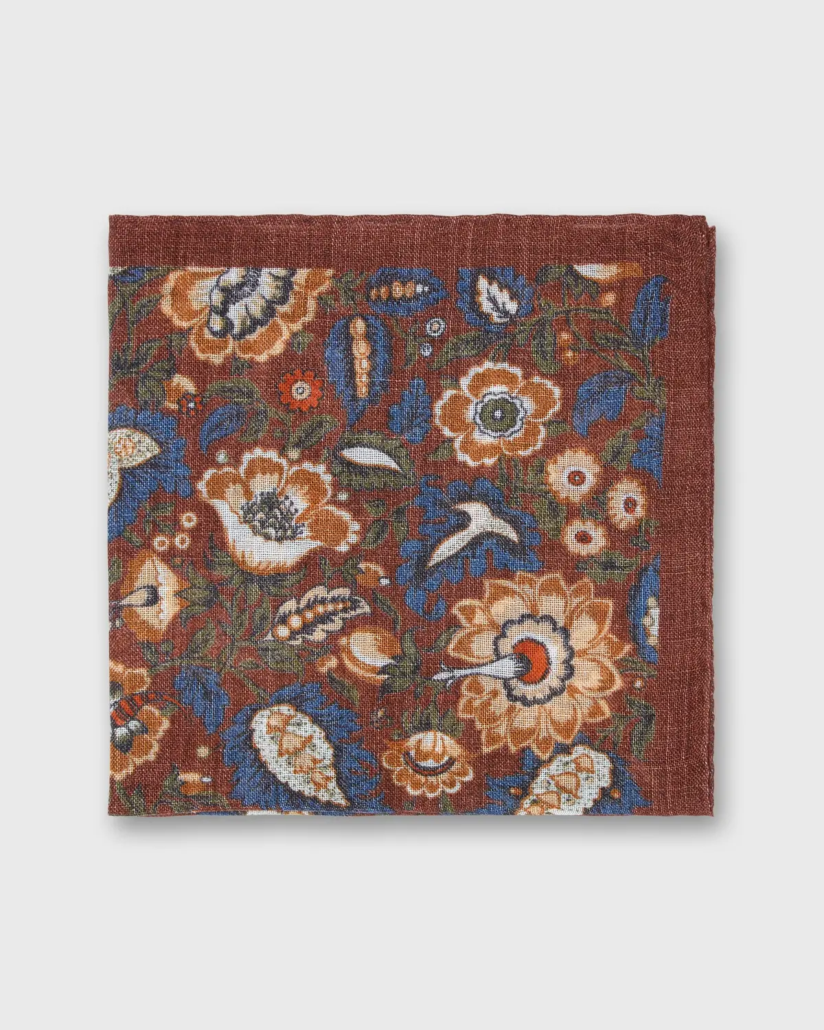 Wool/Silk Pocket Square In Rust/Gold/Blue Floral 1