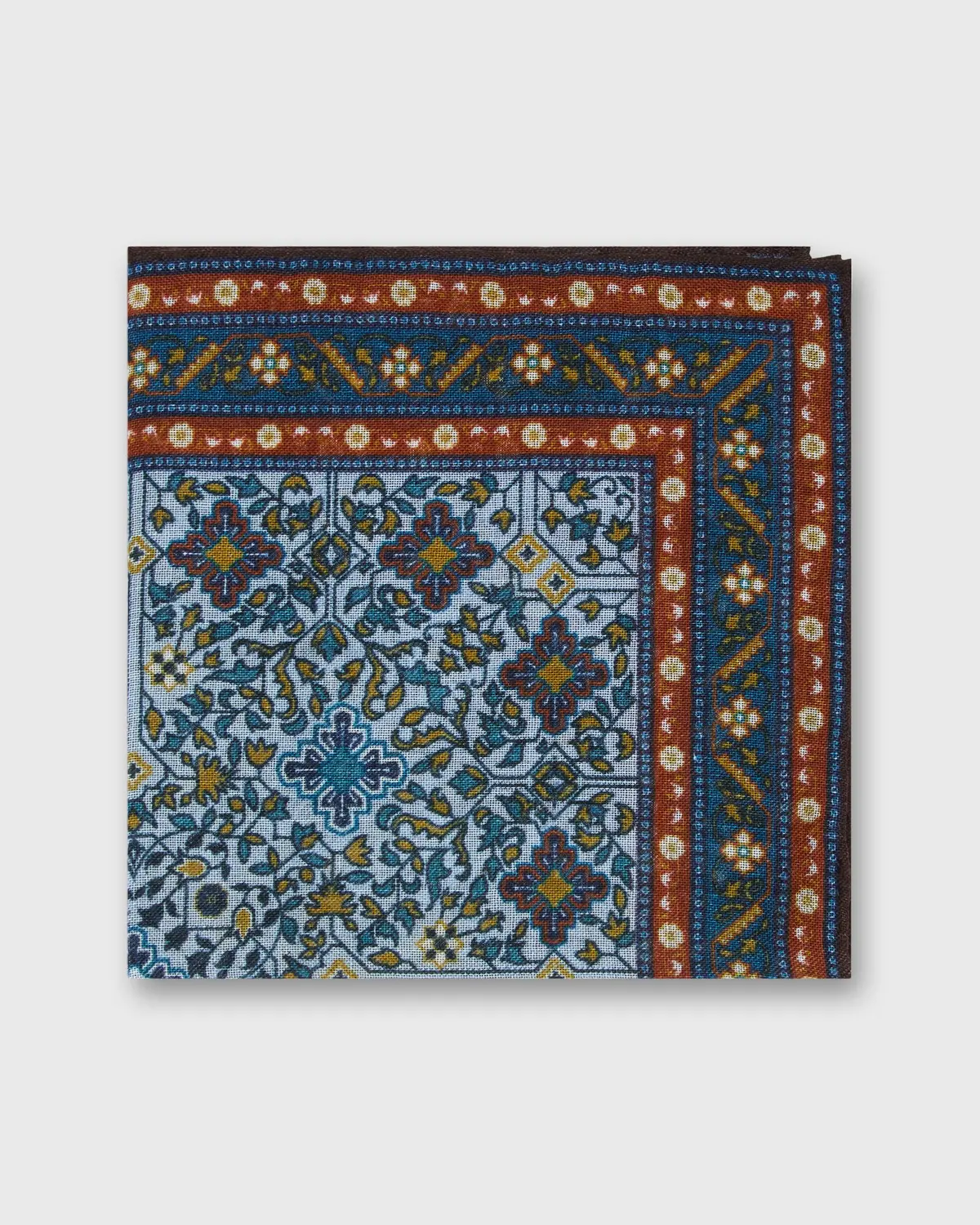 Wool/Silk Pocket Square In Sky/Ginger/Aegean Mosaic 1