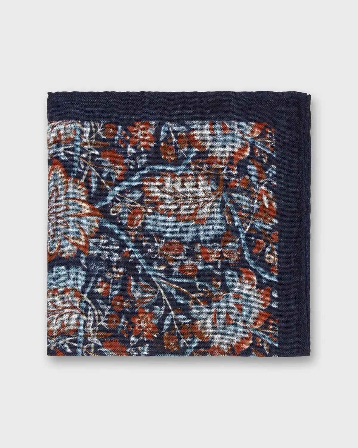 Wool/Silk Pocket Square In Navy/Sky/Orange Floral 1
