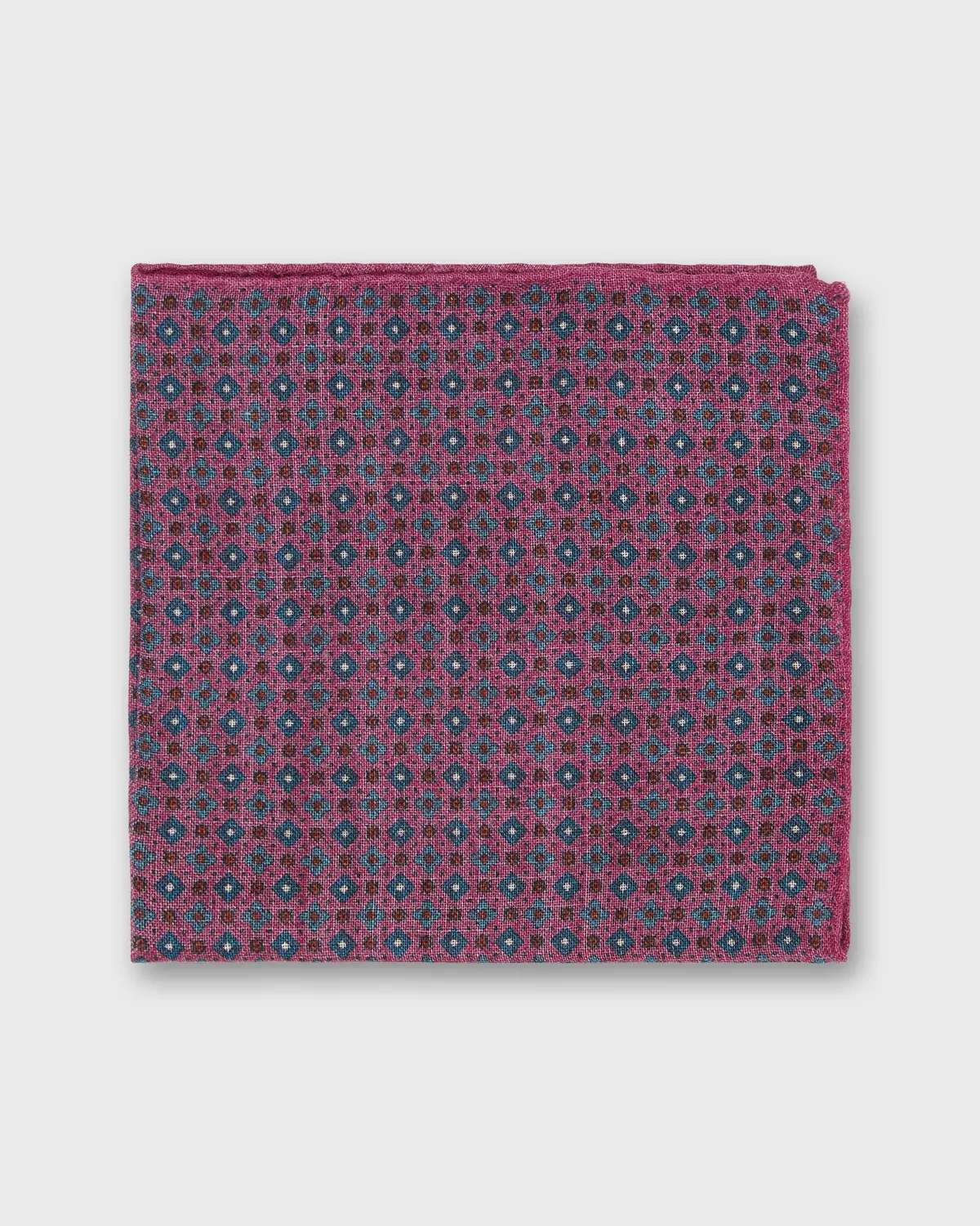 Wool/Silk Pocket Square In Raspberry/Blue/Gold Foulard 1