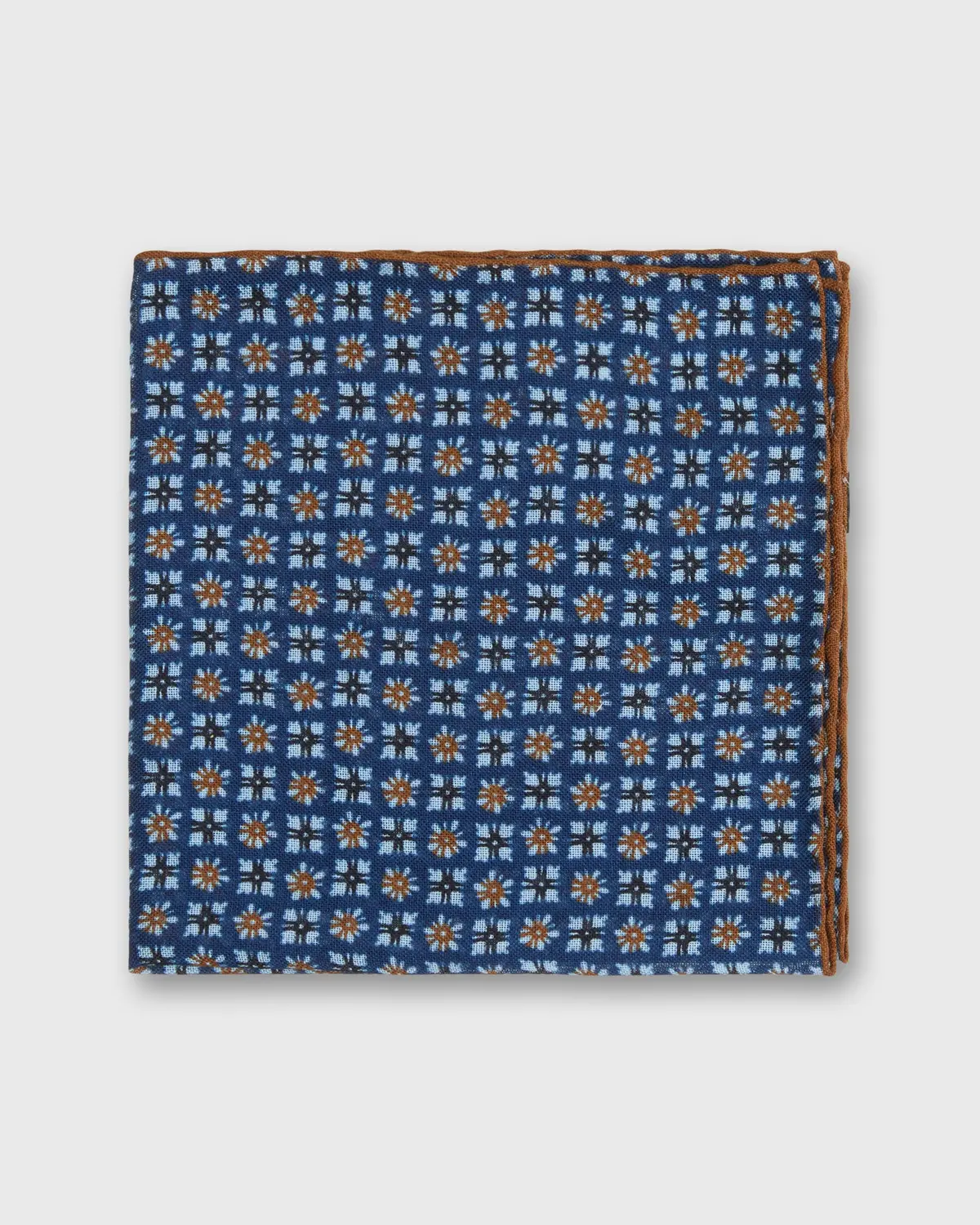 Wool/Silk Print Pocket Square In Marine/Sky/Umber Mosaic 1