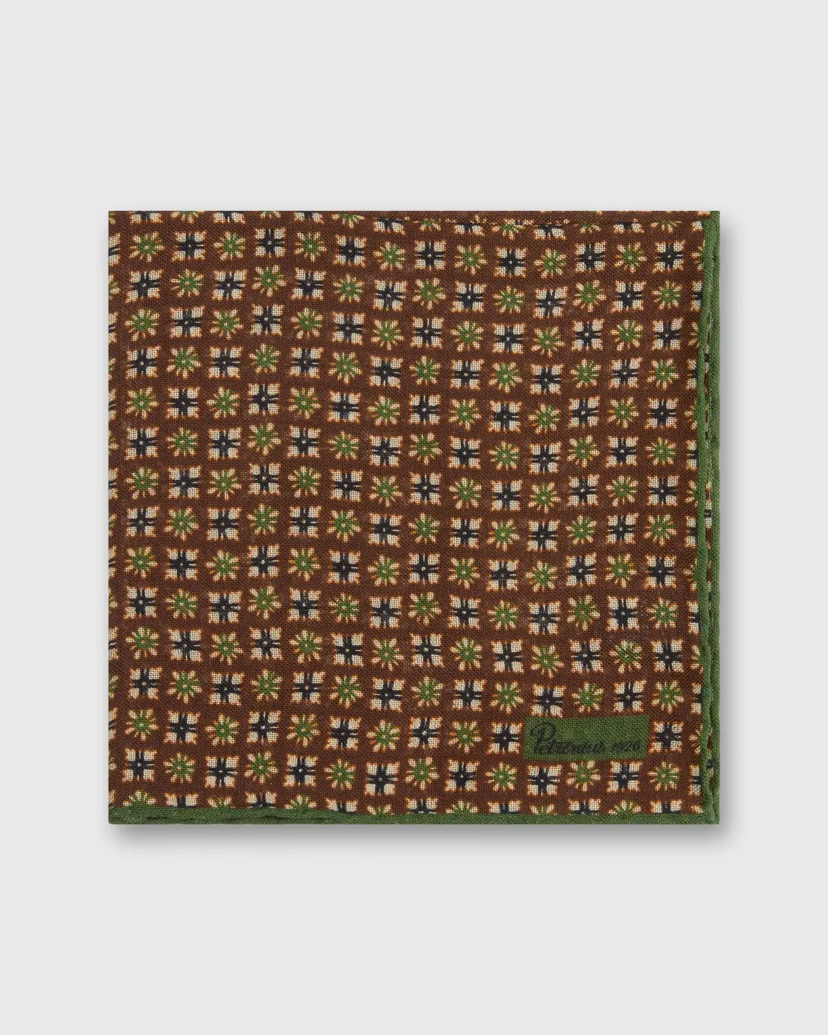 Wool/Silk Print Pocket Square In Brown/Straw/Olive Mosaic 1