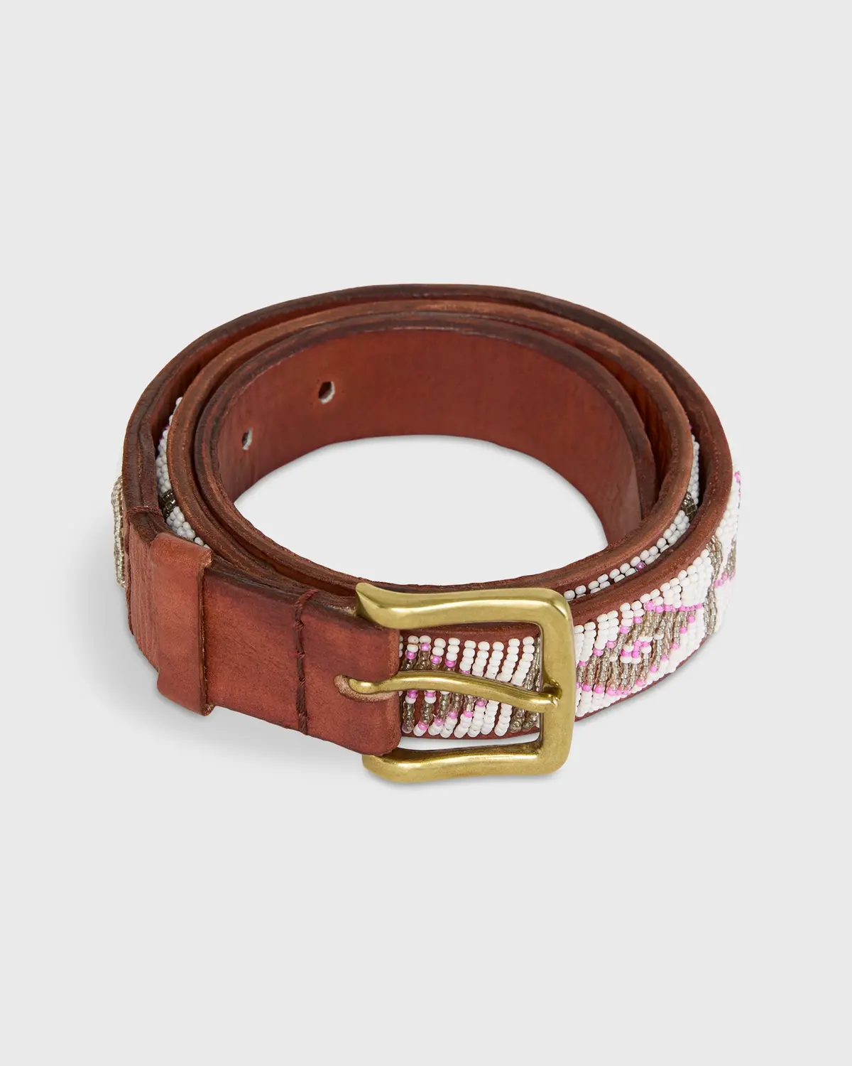 1.25" African Beaded Belt In White/Pink Triangle 1