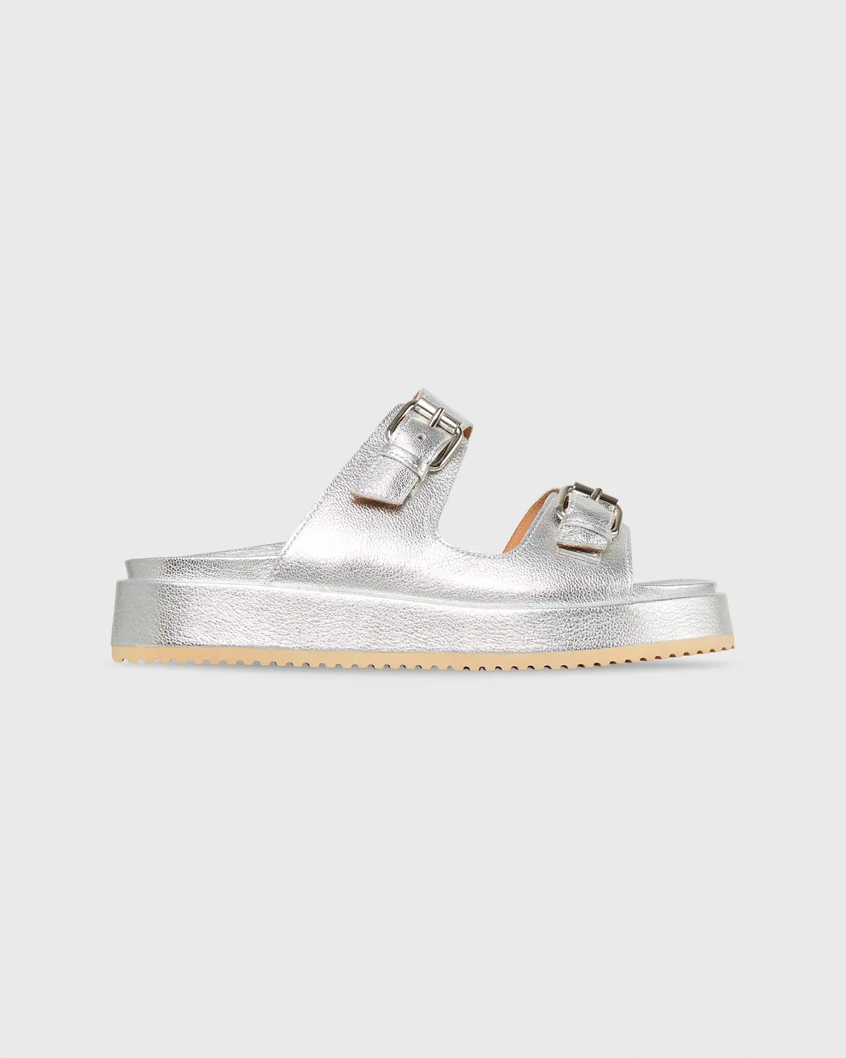Double-Buckle Platform Slide In Silver Leather 1