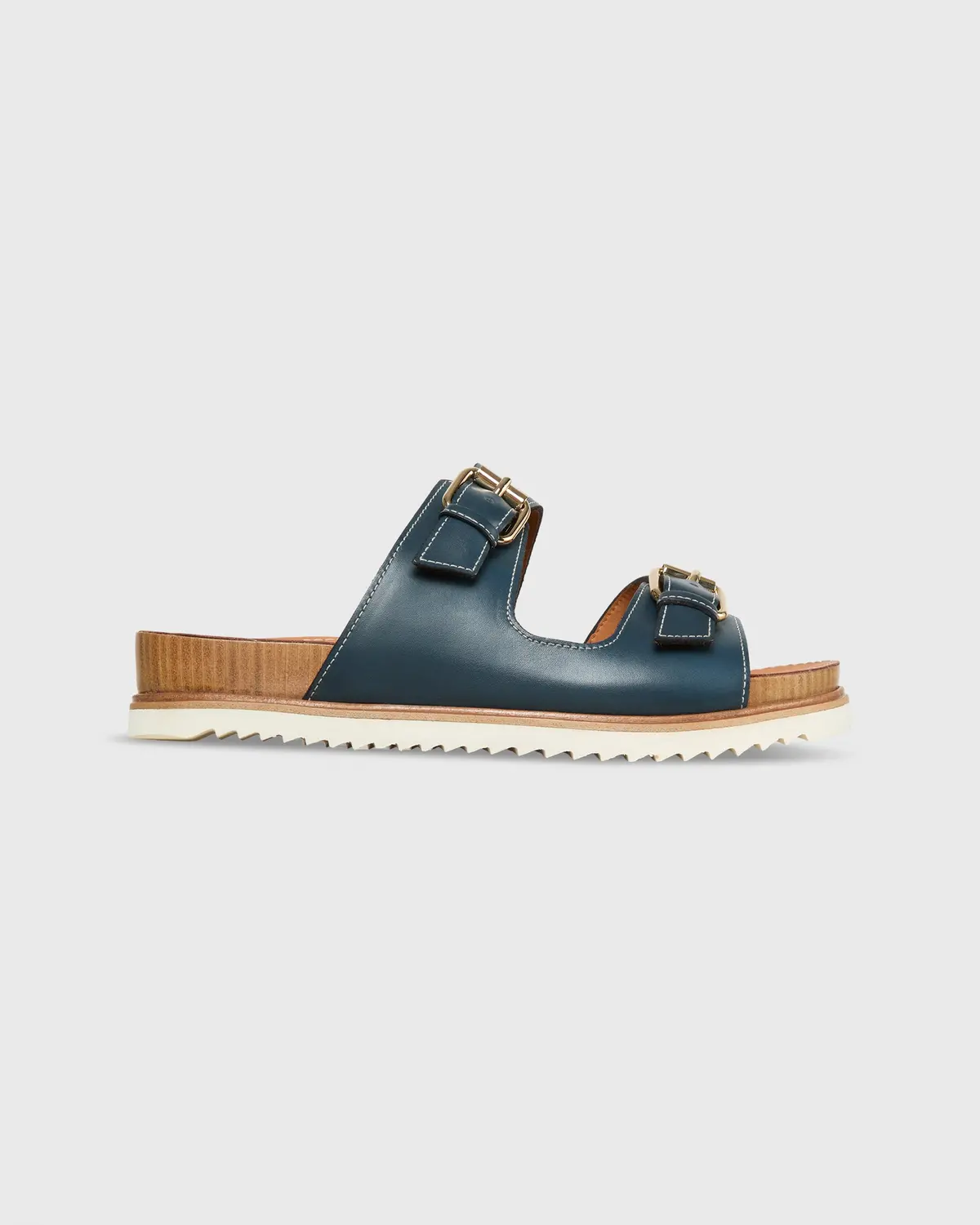 Double-Buckle Platform Slide In Navy Leather 1