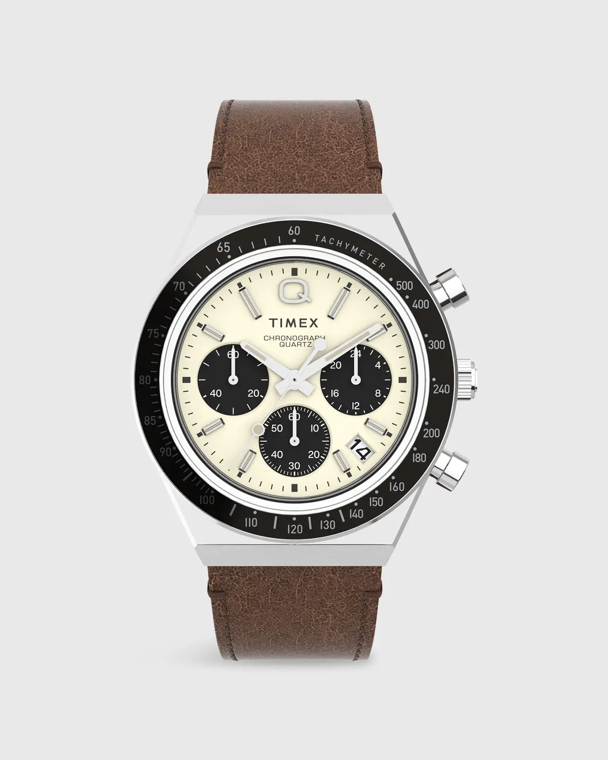 Q Timex Chronograph Watch In Cream/Brown 1