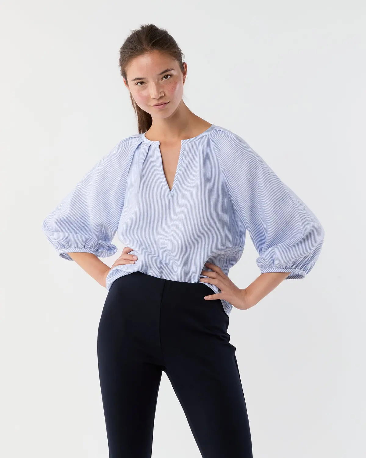 Victoria Blouse In Sky/White Small Bengal Stripe Linen 1