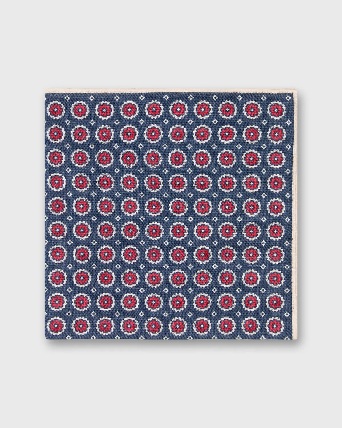 Linen Print Pocket Square In Navy/Red/Cream Foulard 1