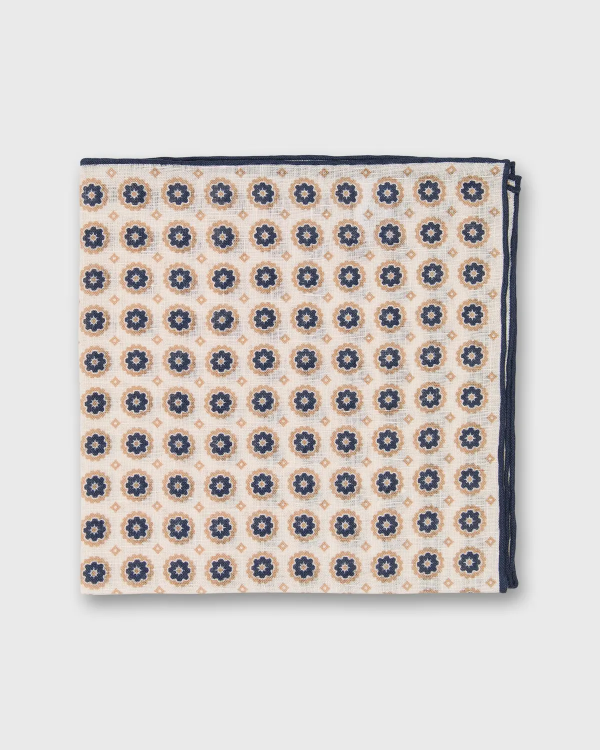 Linen Print Pocket Square In Bone/Khaki/Navy Foulard 1