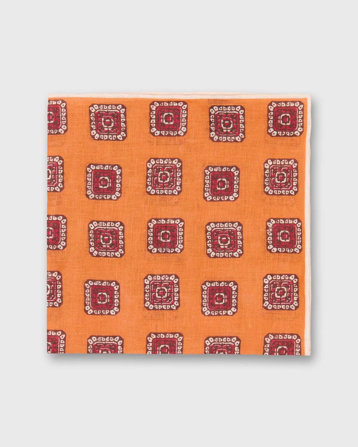 Linen Print Pocket Square In Orange/Red Medallion 1