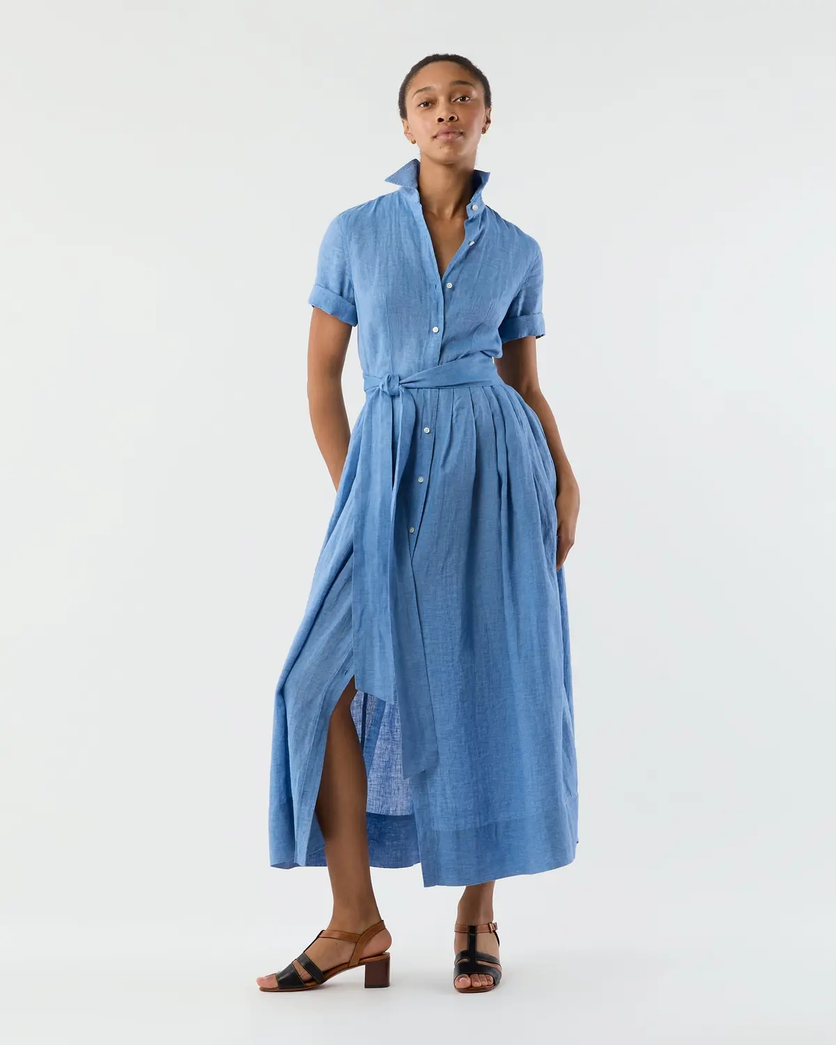 Short-Sleeved Classic Shirtwaist Maxi Dress In Atlantic Blue Sahara Linen 1