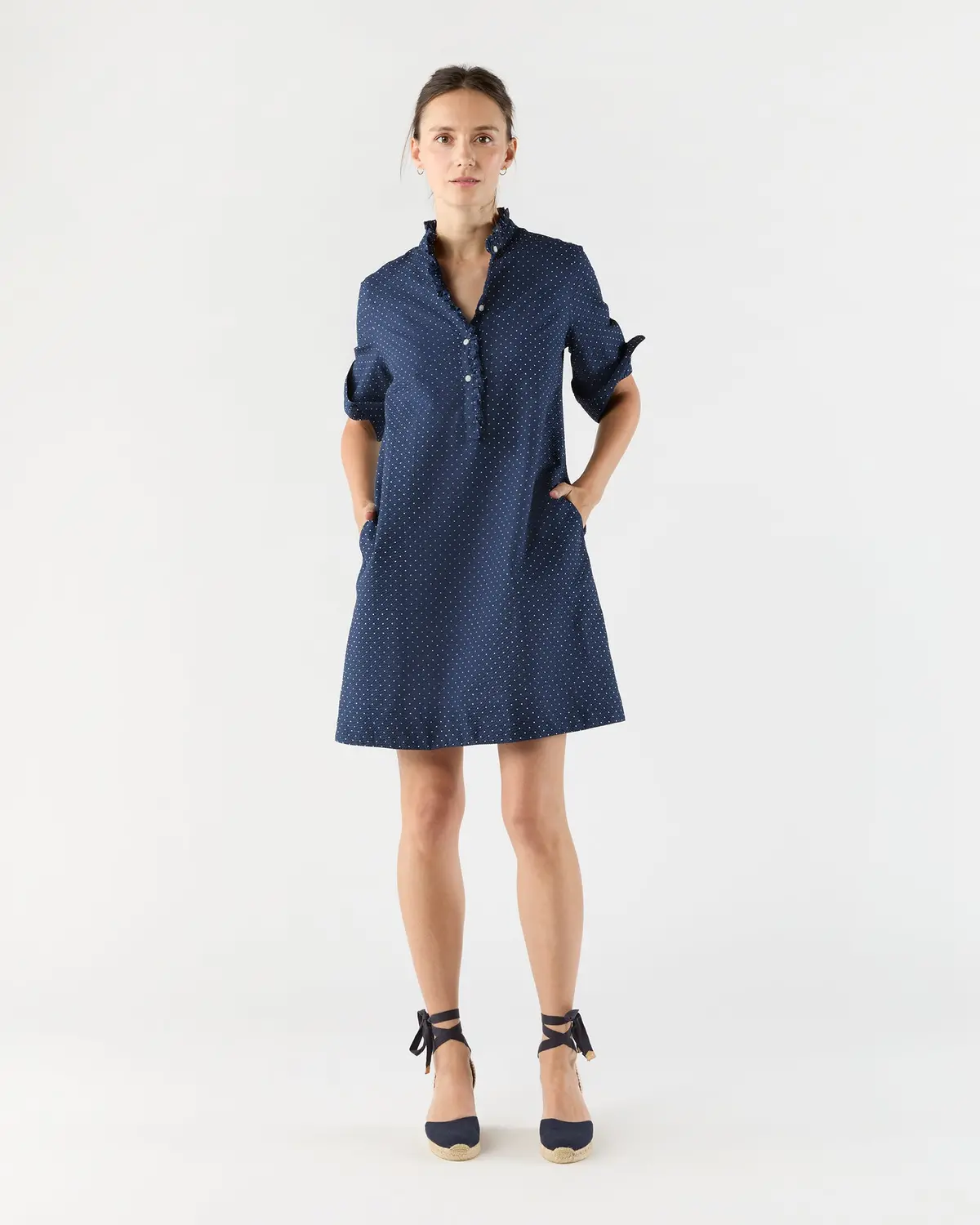 Elbow-Sleeve Frill Dress In Navy Polka Dot Seersucker 1