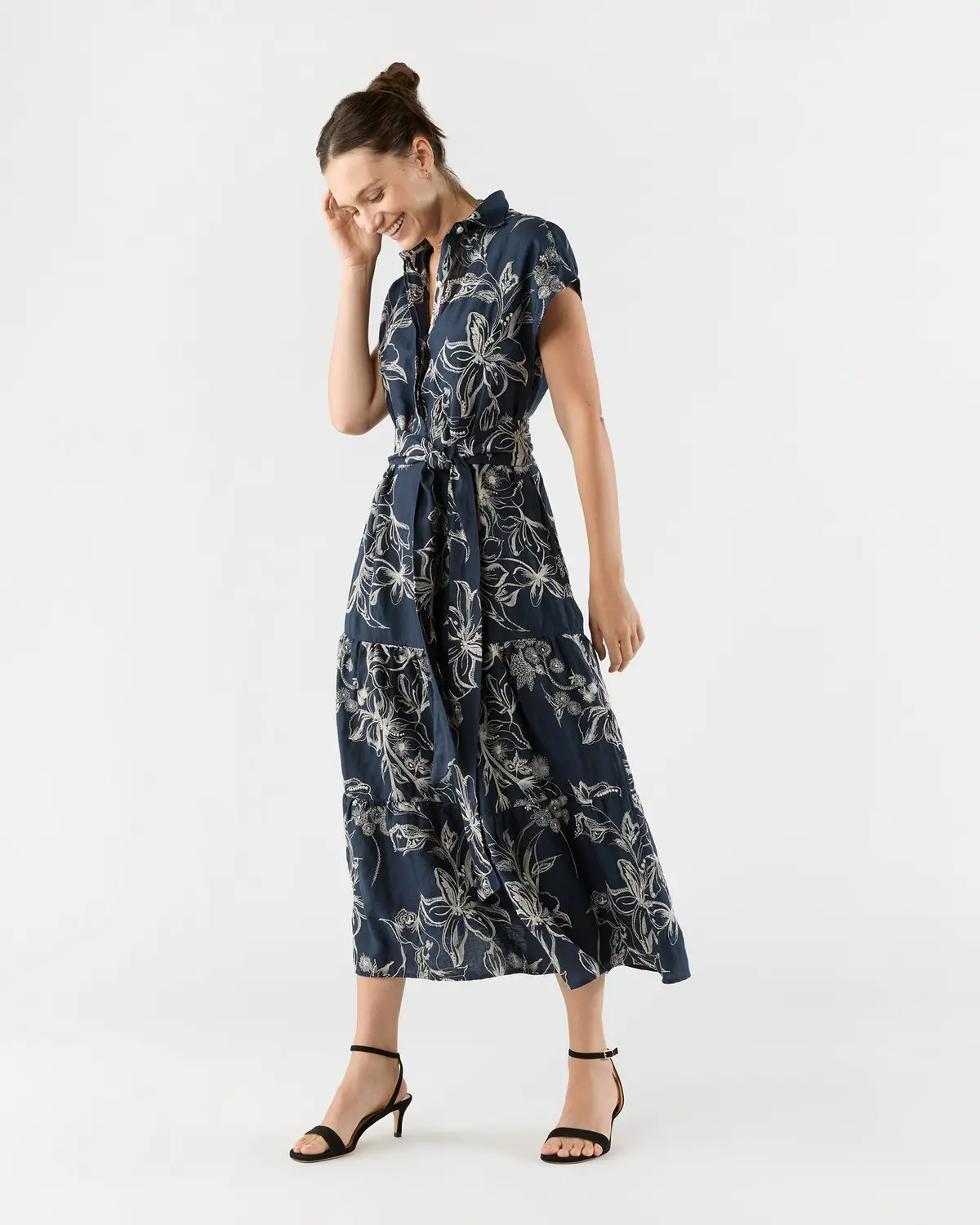 Sophia Popover Dress In Navy/Natural Embroidered Floral Linen 1