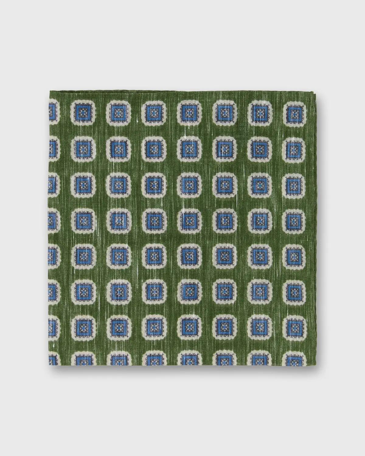 Cotolino Print Pocket Square In Sea Moss/Navy/Cream Medallion 1