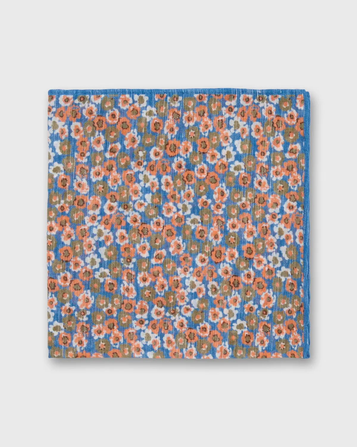 Linen/Cotton Print Pocket Square In Orange/Blue/Olive Flora 1