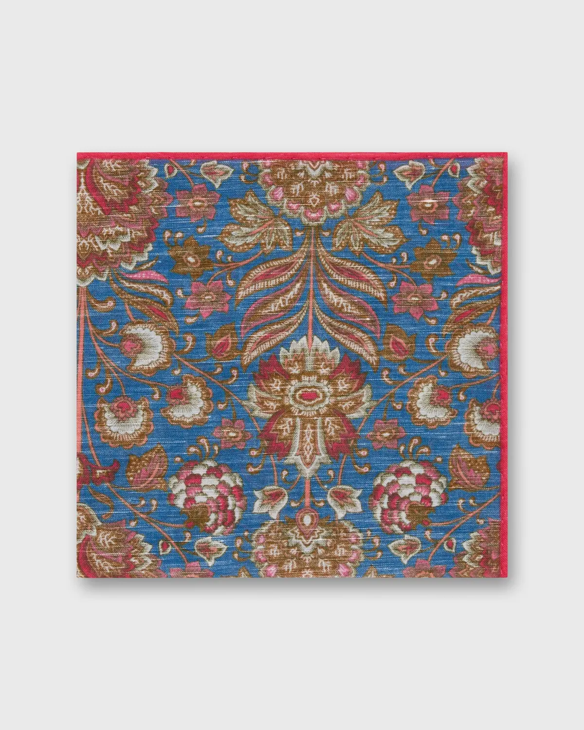 Linen/Cotton Print Pocket Square In Blue/Brown Multi Paisley Scene 1
