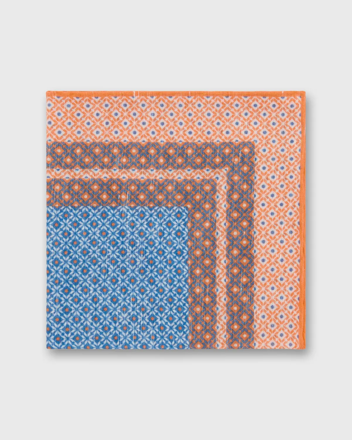 Linen/Cotton Print Pocket Square In Melon/Blue/Bone Mosaic 1