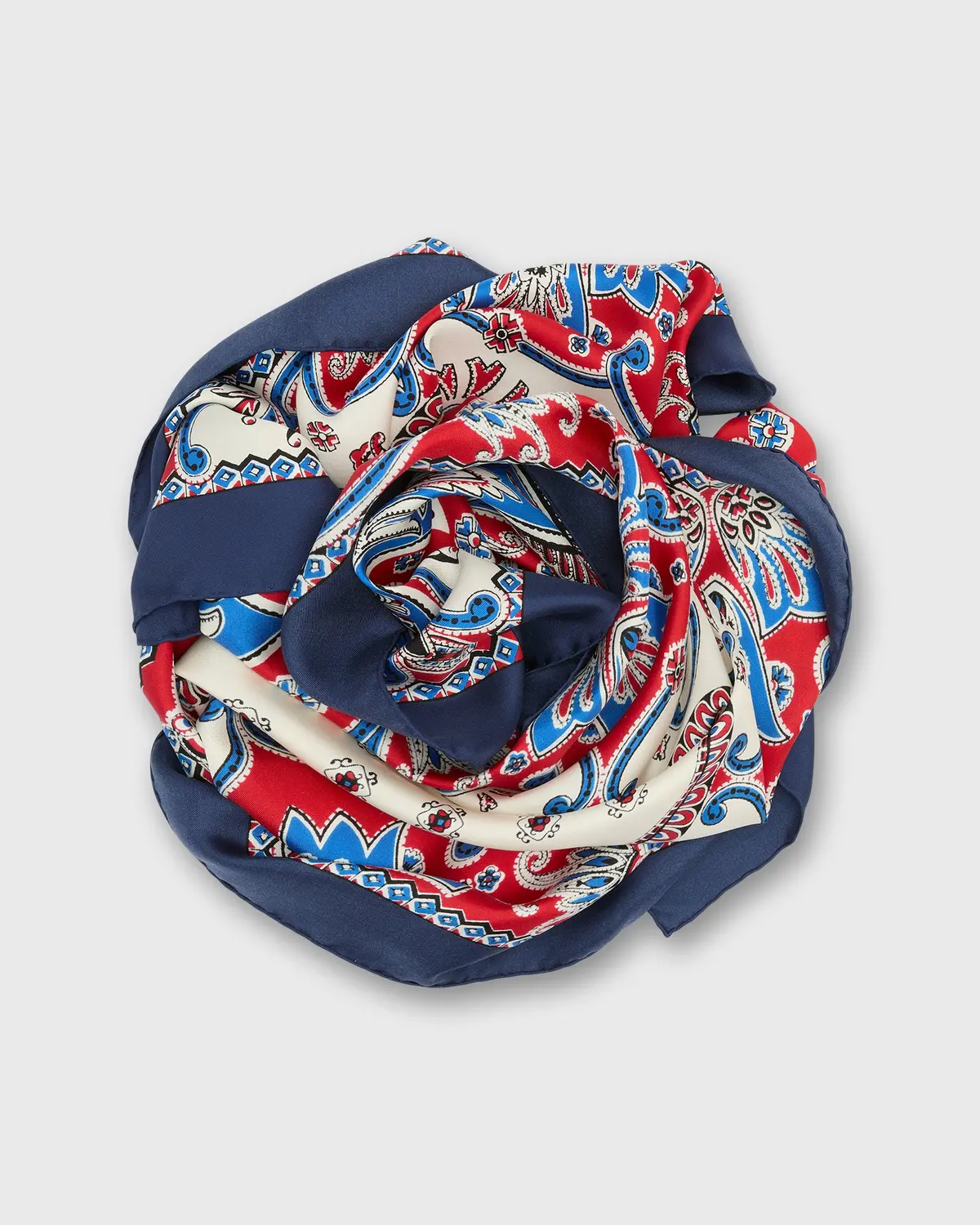 Large Hand-Rolled Silk Scarf In Blue/Red/Ivory Paisley 1