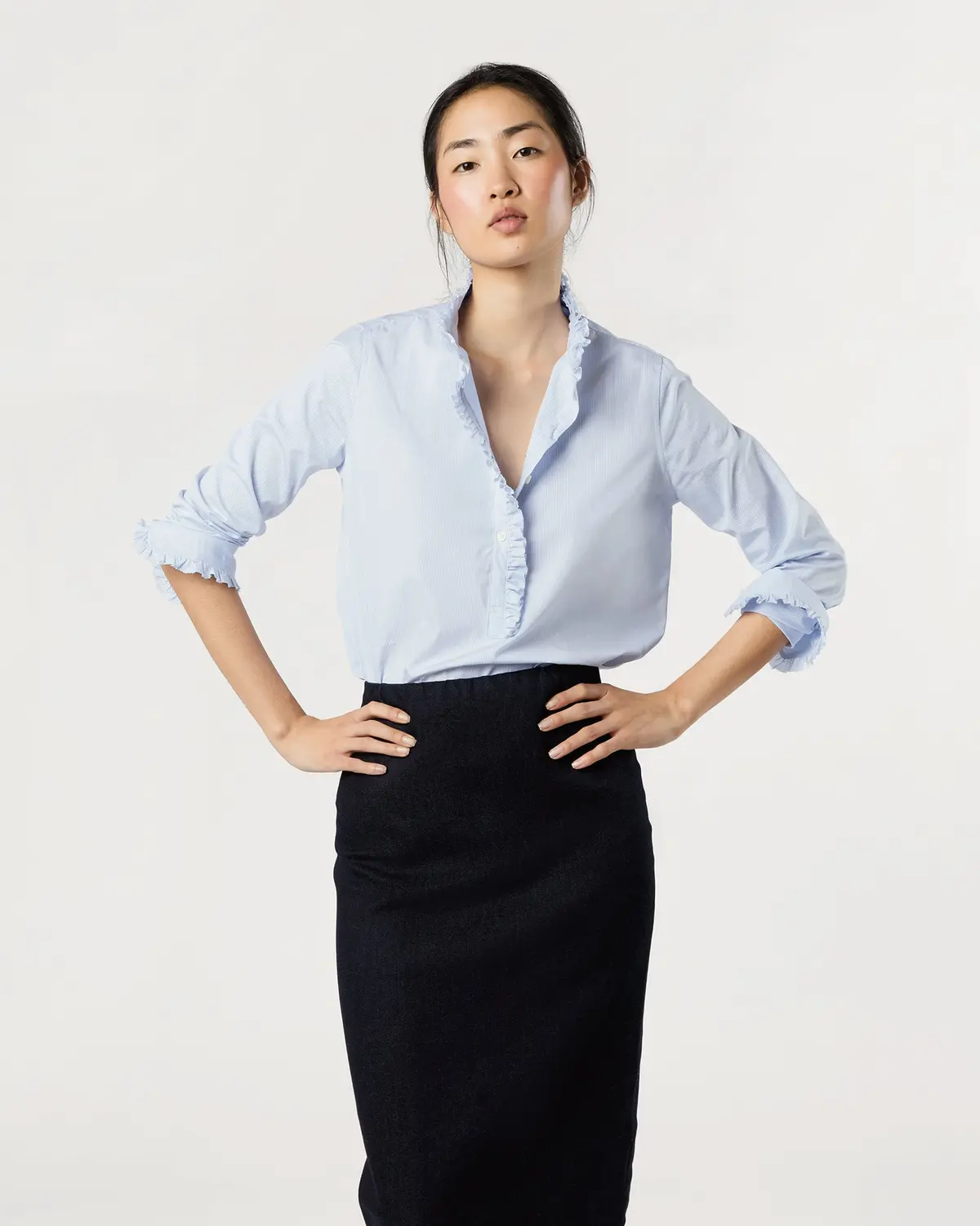 Frill Shirt In Sky Pencil Stripe Poplin 1